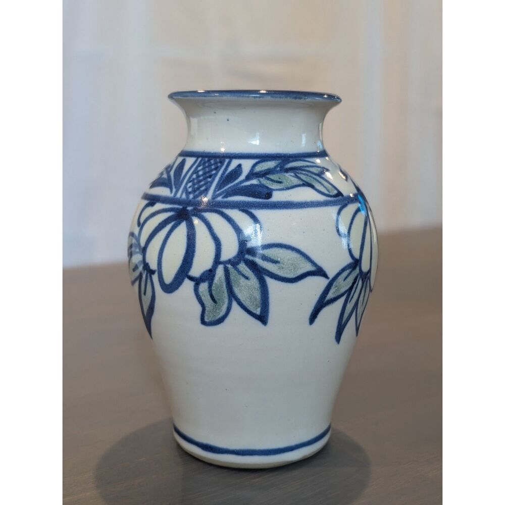 Hand-Painted Blue & White Porcelain Vase, Artist-Signed (7.5")